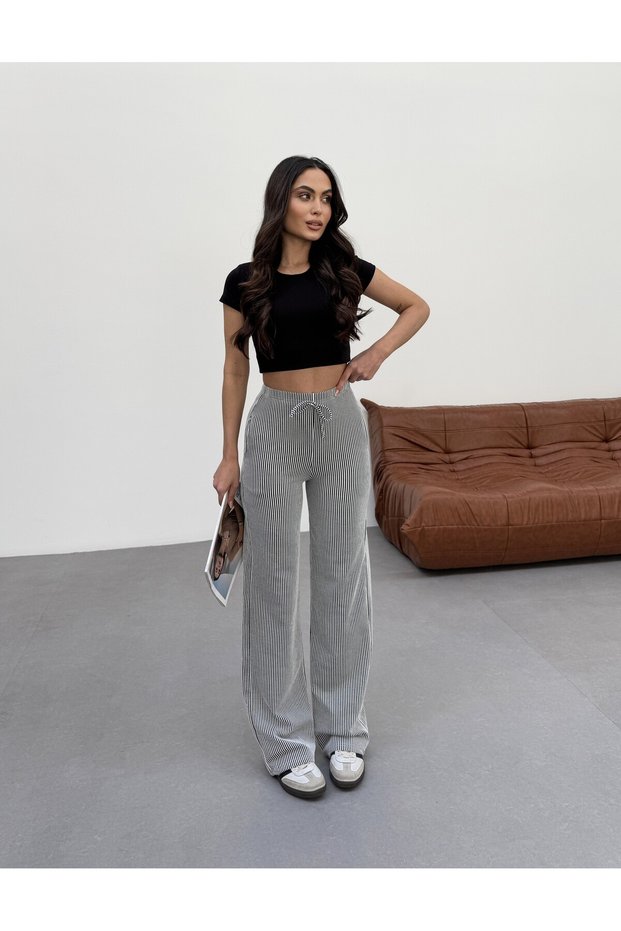 Women's Black Striped Knitted Fabric Loose Wide Leg Waist Lace up High Waist Palazzo Pants