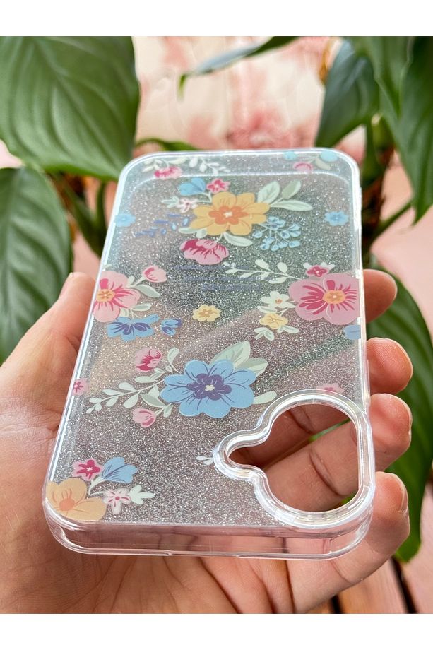 Apple iPhone 16 Uyumlu Kılıf Mavi Simli Çiçek Desenli Renkli Parlak Darbe Emici Kapak - 5