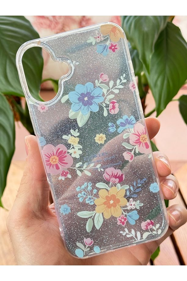 Apple iPhone 16 Uyumlu Kılıf Mavi Simli Çiçek Desenli Renkli Parlak Darbe Emici Kapak - 3