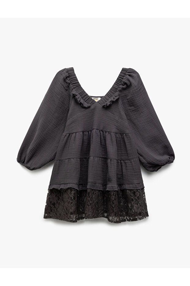 Ruffled Lace Detailed Cotton Balloon Sleeve Muslin Dress