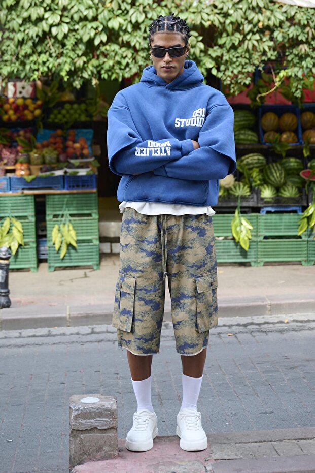 Turquoise Oversize Sweatshirt Detailed Kapılı Çift Kol