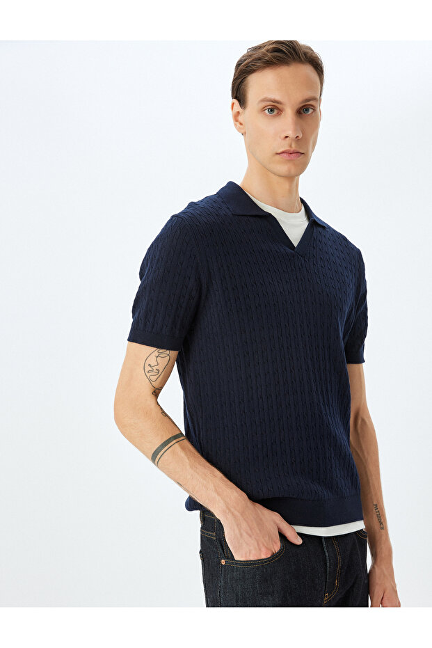 Short Sleeve Cotton Hair Braid Textured Polo Neck Knitwear T-Shirt