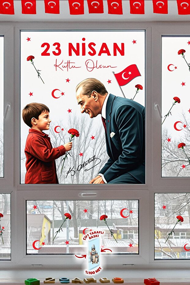 23 April Themed Flagged Double Sided Printed Sticker Set, Ataturk and Child Glass Sticker