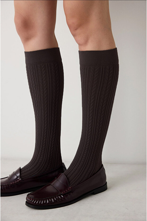Women's Knit Chestnut Color 200 Denier Thick Winter Self-Patterned Knee-Length Trouser Socks