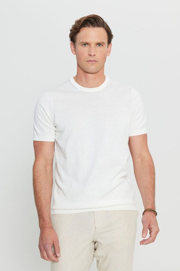 Altınyıldız Classics Crew Neck Jacquard White Men's T-Shirt Ace 072252031 _Byz