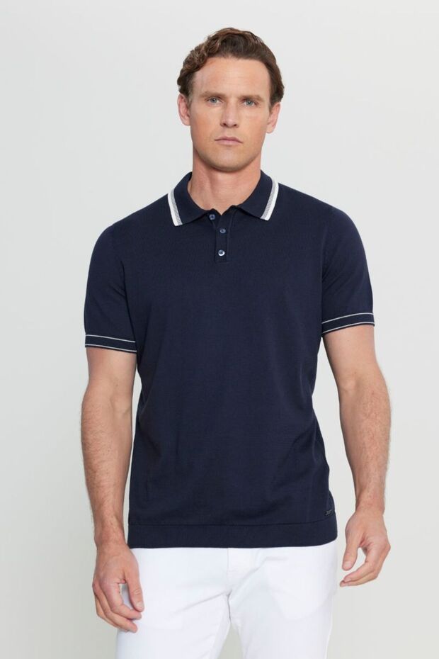 100% Cotton Standard Fit Regular Cut Polo Neck Knitwear Dark Navy Knitwear T-Shirt