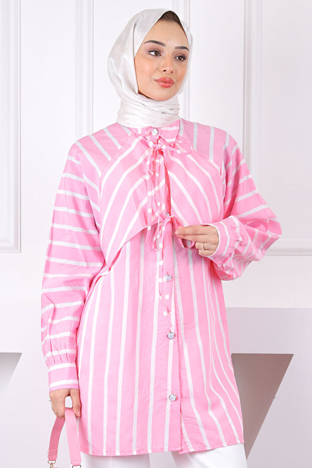 Pink Striped Collar Detailed Shirt