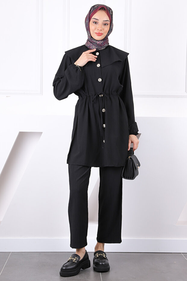 Black Tie Waist Tunic Trousers Suit