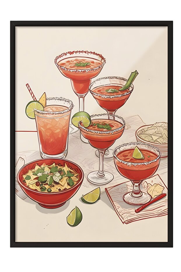 Siyah Çerçeveli Tablo, Coctails & Lime, Comfort Serisi Mutfak Duvar Tablosu, NO:109096 - 1