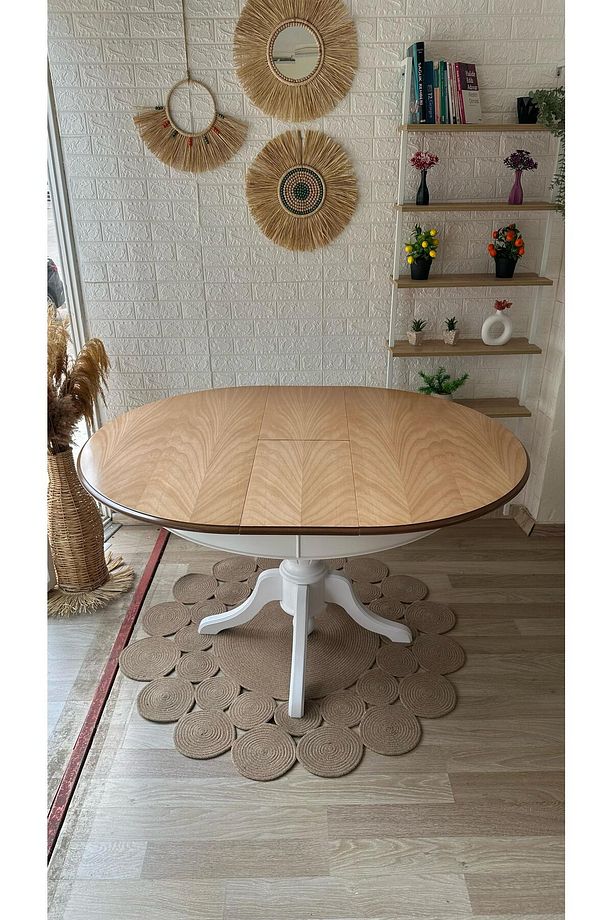 Concept Baba Ayaklı Masa Naturel Ahşap Yuvarlak Üst Tablalı Beyaz Ayaklı Açılır Masa (ÇAP 110 CM) - 7