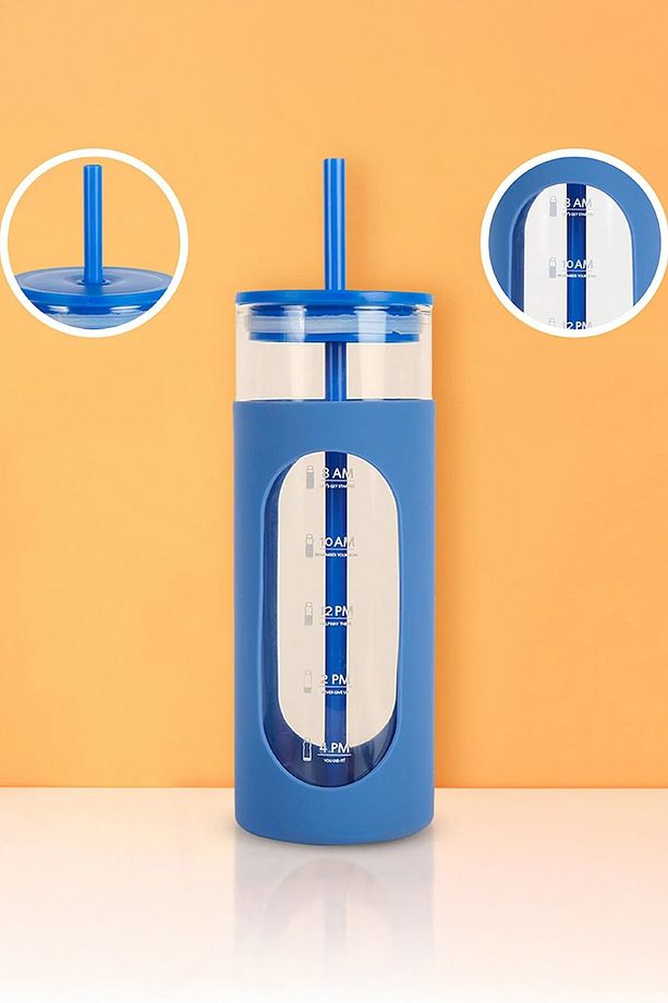 Silikon Kılıflı Pipetli Borosilikat Cam  Şişe (475ml) - Mavi - 3