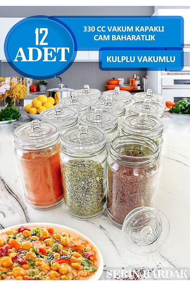12 Adet Kulplu Ve Vakum Kapaklı Cam Baharatlık Seti - 3