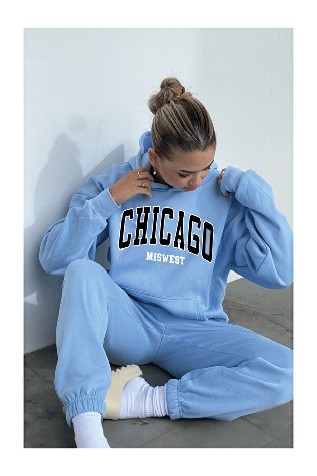 Tracksuit Set Sweatshirt - Baby Blue Printed Oversize Hoodie