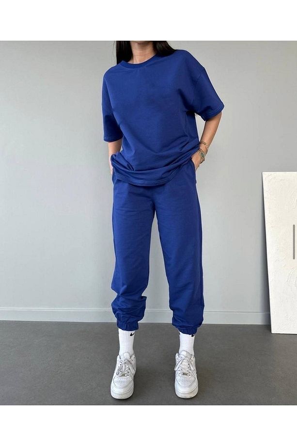 Basic T-shirt Eşofman Altı Jogger - Saks Mavi Düz Alt Üst Eşofman Takımı Oversize Bisiklet Yaka - 3