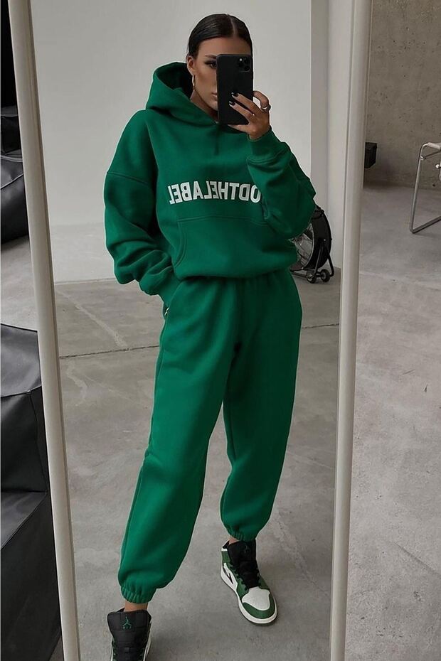 Mood The Label Winter Tracksuit Set - Green Printed Hooded Oversize Hoodie