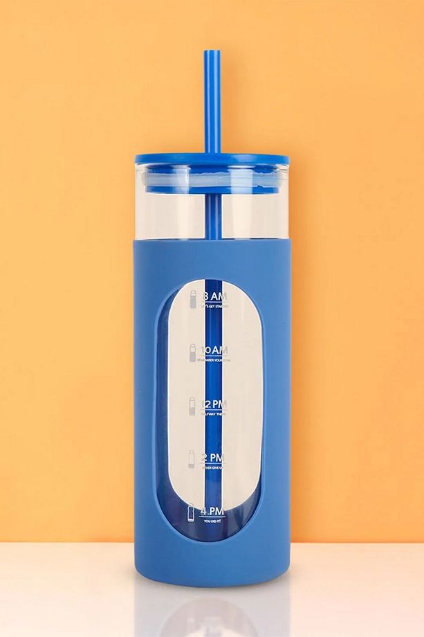 Silikon Kılıflı Pipetli Borosilikat Cam  Şişe (475ml) - Mavi - 1