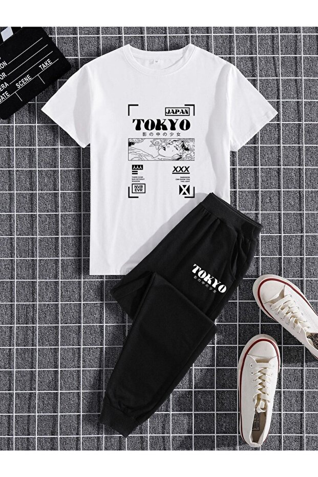 Tokyo White T-Shirt Black Sweatpants Jogger - Printed Bottom Top Sweatpants Suit Oversize Cycling Yak