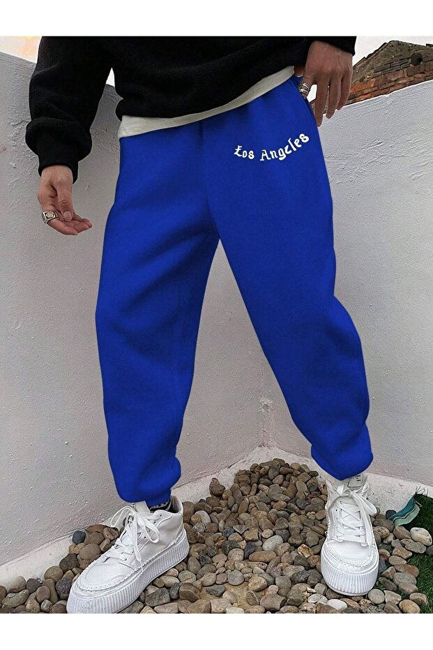 Los Angeles Sweatpants Jogger - Sax Blue Printed Rubber Leg High Waist