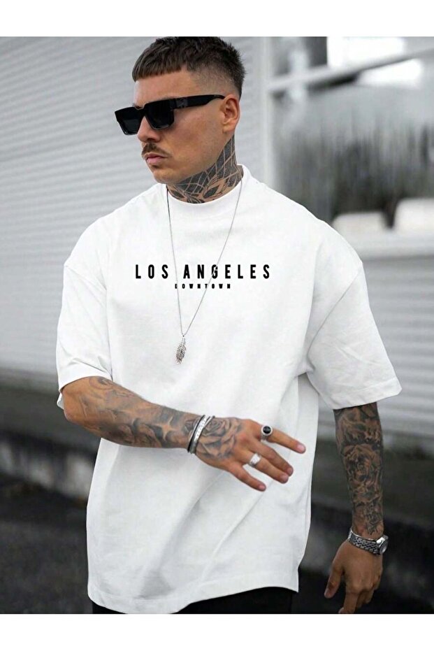 Los Angeles Downtown Single Jersey T-Shirt - White Printed Oversize Crew Neck Short Sleeve T-Shirt