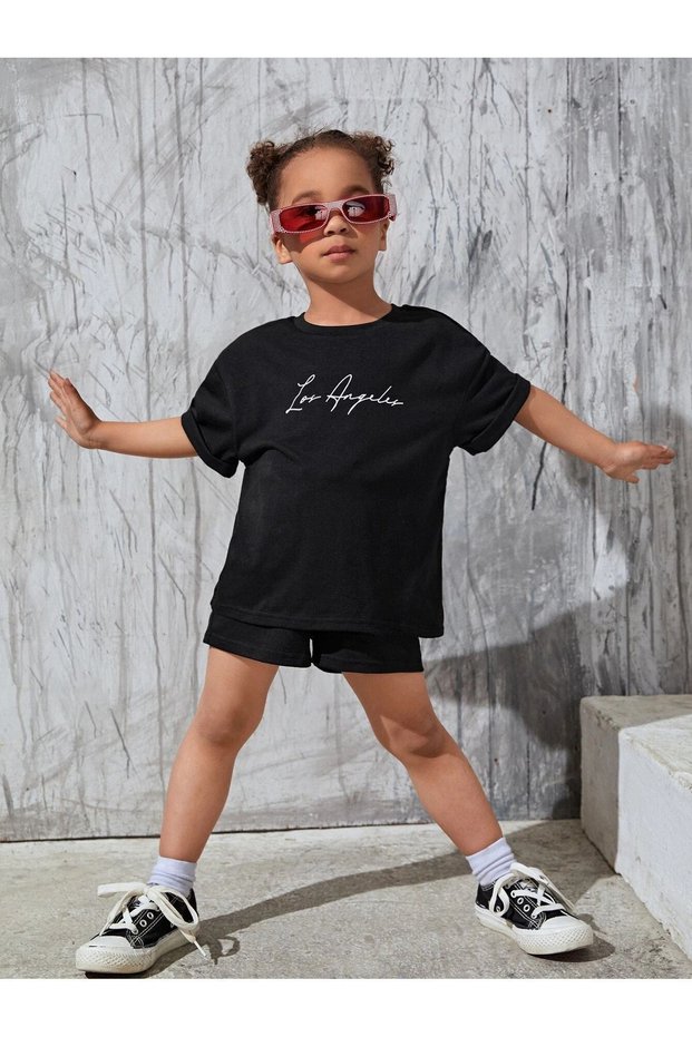 Los Angeles Text Printed Black Kids Shorts T-Shirt Set - Girls Boys Summer Wear