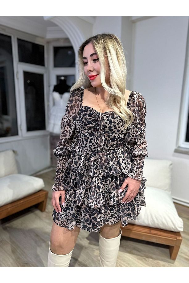 Leopar Kat Kat Şifon Mini Elbise - 3