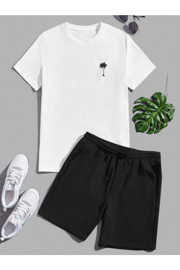 Palmiye Minimal T-Shirt Shorts - White Black Bottom Top Set Shorts T-Shirt Combo Printed Crew Neck
