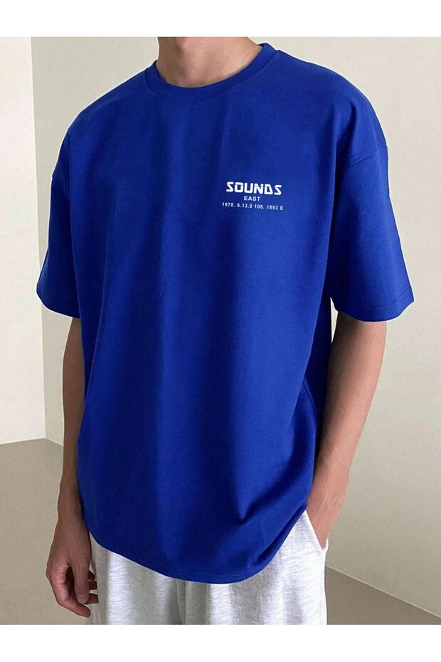 Чоловічий саксофон синій оверсайз з принтом на спині, трикотажна футболка - 2