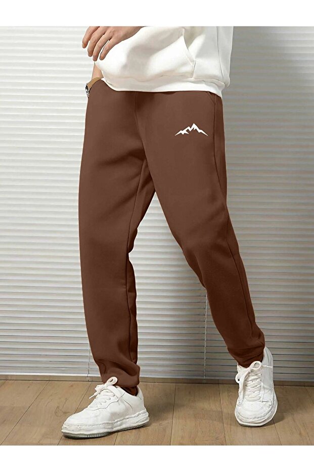 Mountain Silhouette Sweatpants Jogger - Brown Printed Elastic Cuff High Waist