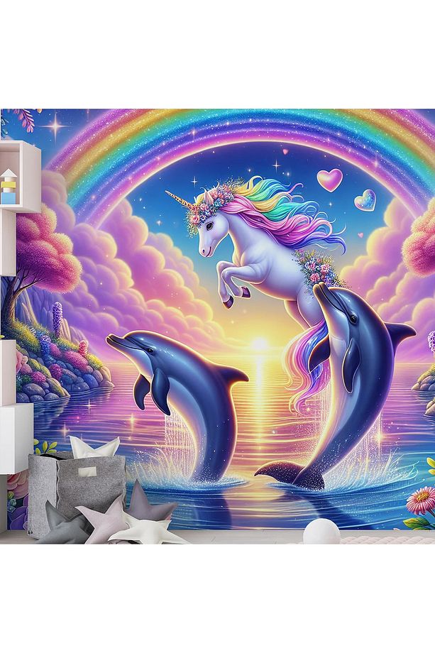 Çocuk Odası UnicornTemalı Tek Parça Duvar Kağıdı -Isı ve Ses Yalıtımı Yırtılmaz - 3