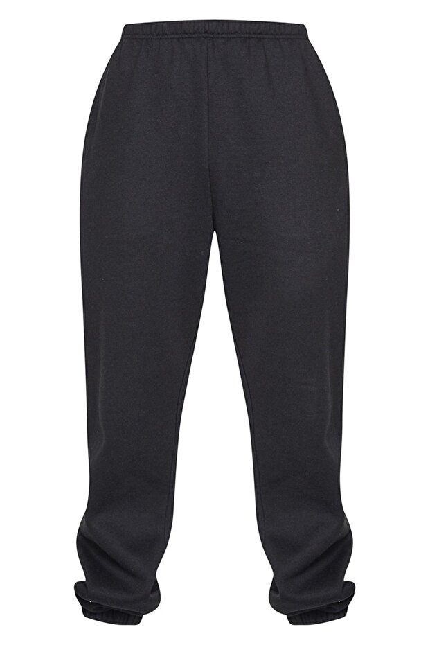 Basic Düz Eşofman Altı Jogger - Siyah Lastik Paça Yüksel Bel - 4