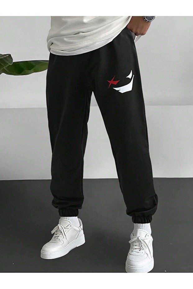 Sneaky Face Sweatpants Jogger - Black Printed Rubber Leg High Waist