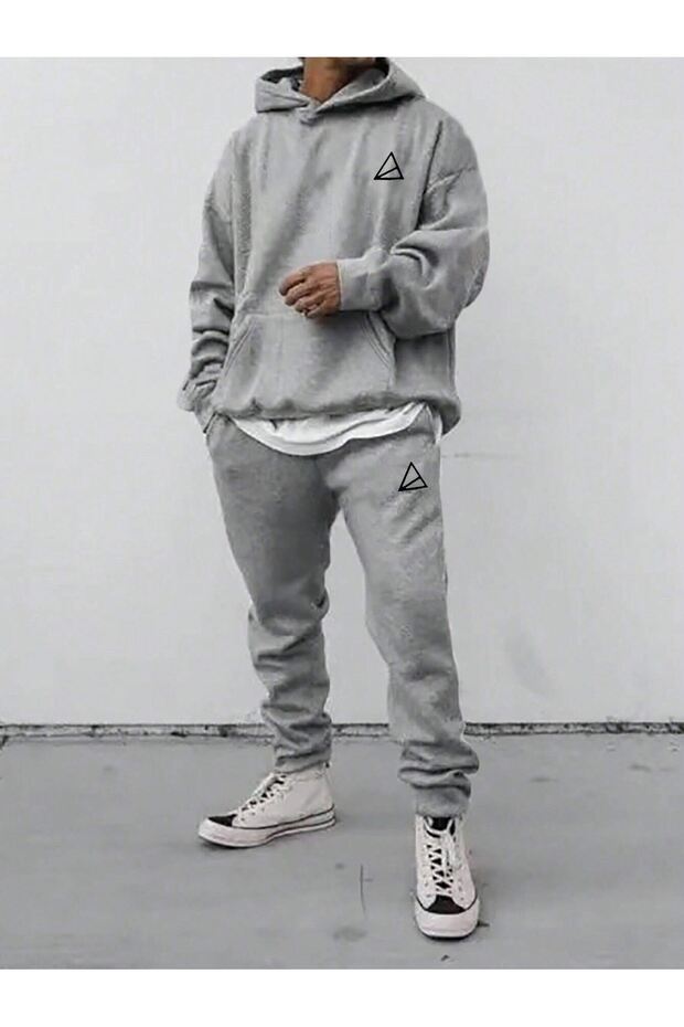 Triangle Logo Tracksuit Set Sweatshirt Jogger - Gray Printed Oversize Ribbon Hoodie