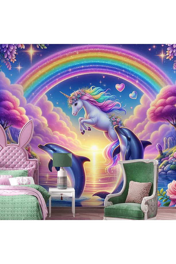 Çocuk Odası UnicornTemalı Tek Parça Duvar Kağıdı -Isı ve Ses Yalıtımı Yırtılmaz - 1