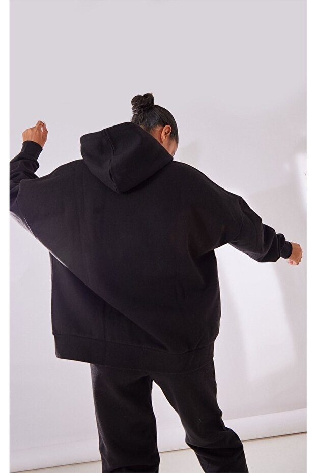 Basic Düz Eşofman Takımı Sweatshirt Jogger - Kapüşonlu Oversize Şardonlu Lastik Paça - 3
