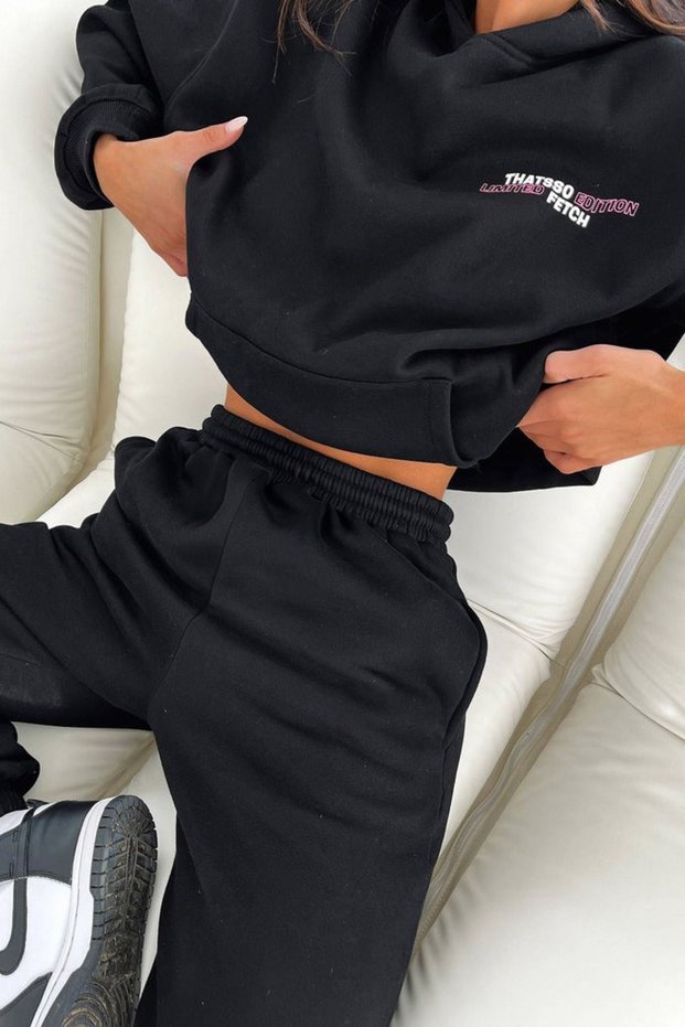 Thatsso Edition 100% Cotton Tracksuit Set - Black Printed Winter Fleece Hoodie