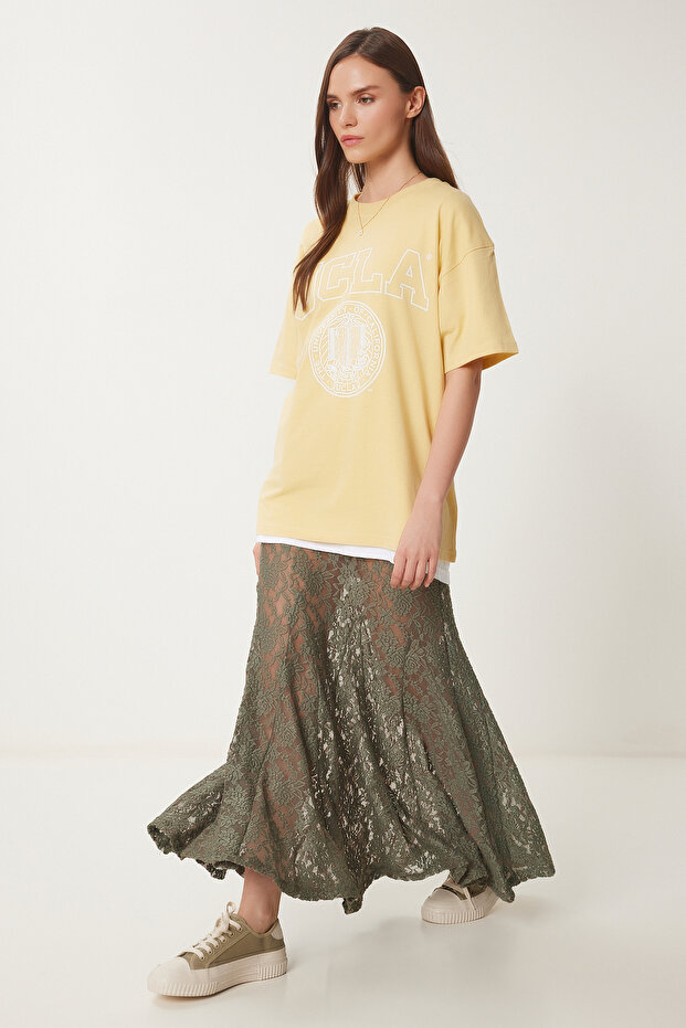Shorts Lined Summer Long Lace Skirt Khaki Lcr0049