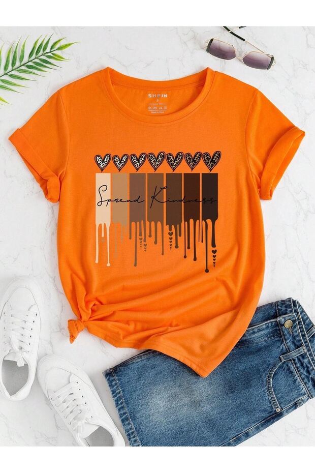 Leopard Pattern Hearts Single Jersey T-Shirt - Orange Printed Oversize Crew Neck Short Sleeve T-Shirt