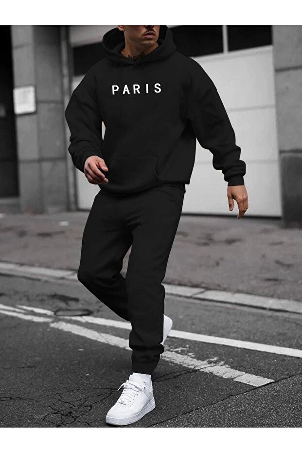 طقم بدلة رياضية Paris Summer Sweatshirt Jogger - غطاء رأس كبير الحجم مطبوع باللون الأسود