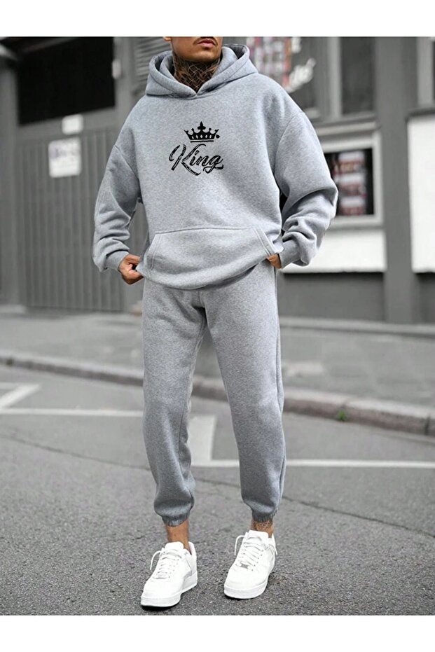 King Taç Eşofman Takımı Sweatshirt Jogger - Gri Baskılı Oversize Şardonlu Kapüşonlu - 1