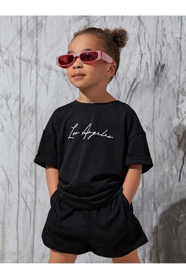 Los Angeles Printed Cotton Kids Set Black Shorts T-Shirt- Children's Summer Crew Neck