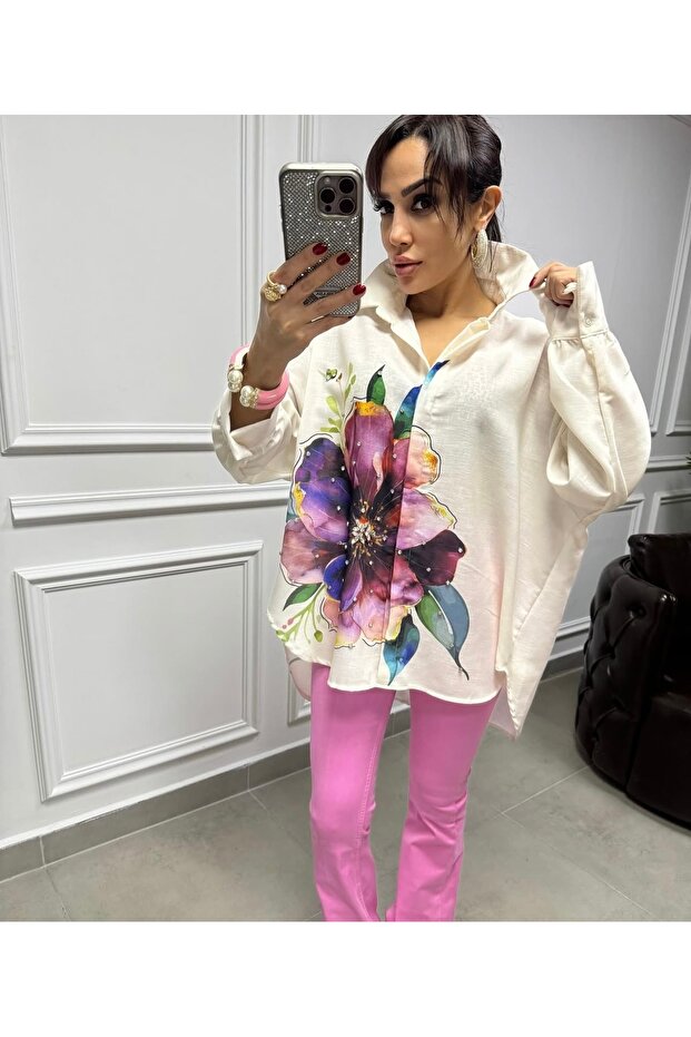 Çiçekli Taş İşlemeli Gömlek - 2