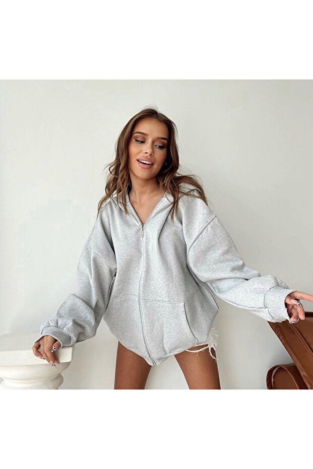 Düz Basic Hırka - Gri Fermuarlı Oversize Kapüşonlu - 1