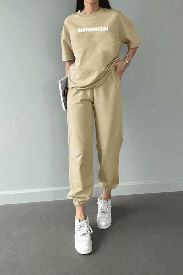 Thatssofetch T-shirt Eşofman Altı Jogger - Bej Baskı Alt Üst Eşofman Takımı Oversize Bisiklet Yaka - 1