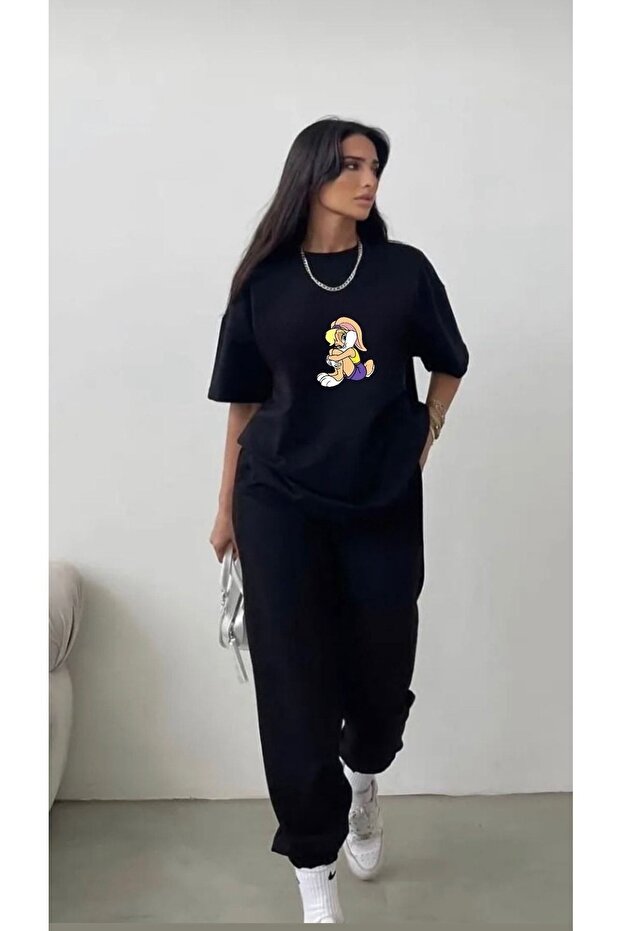 Women's Black Lola Bunny Printed T-shirt-joger Set