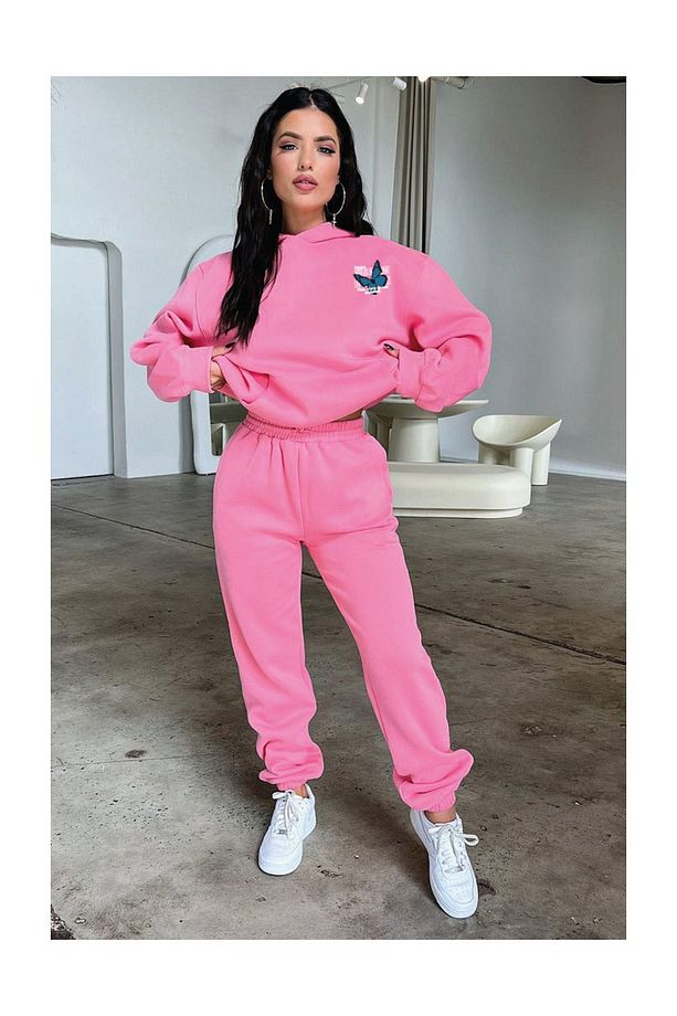 Kelebek Kışlık Eşofman Takımı - Pembe Baskılı Kapüşonlu Oversize - 1