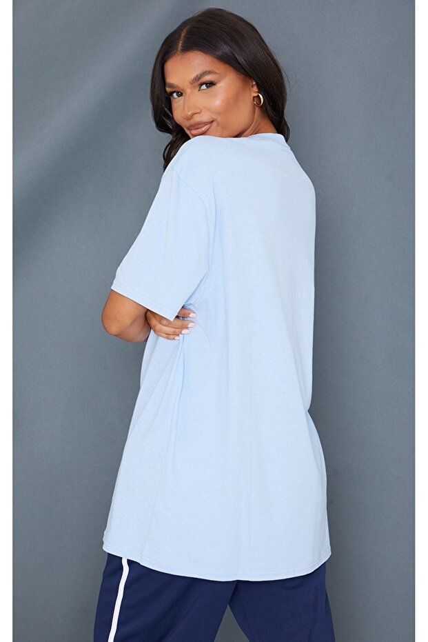 Plain Single Jersey T-Shirt - Baby Blue Oversize Crew Neck Short Sleeve T-Shirt