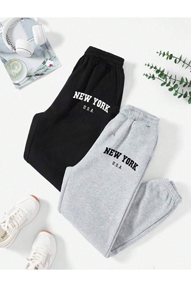 Siyah Newyork Gri Newyork Baskılı Eşofman 2'li Oversize Unisex 2 Iplik Şardonlu - 1