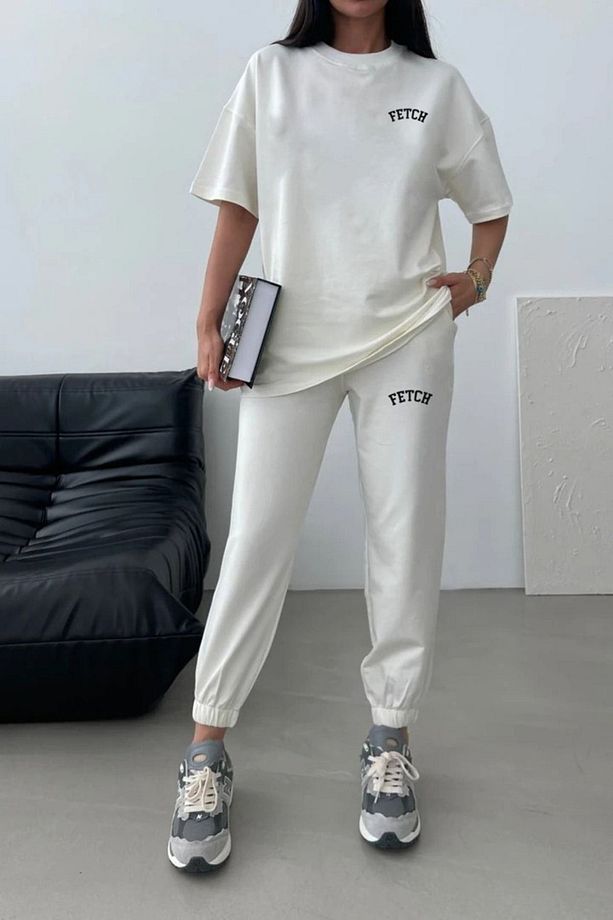 Fetch T-Shirt Eşofman Altı Jogger- Beyaz Baskı Alt Üst Eşofman Takımı Oversize Bisiklet Yaka - 2