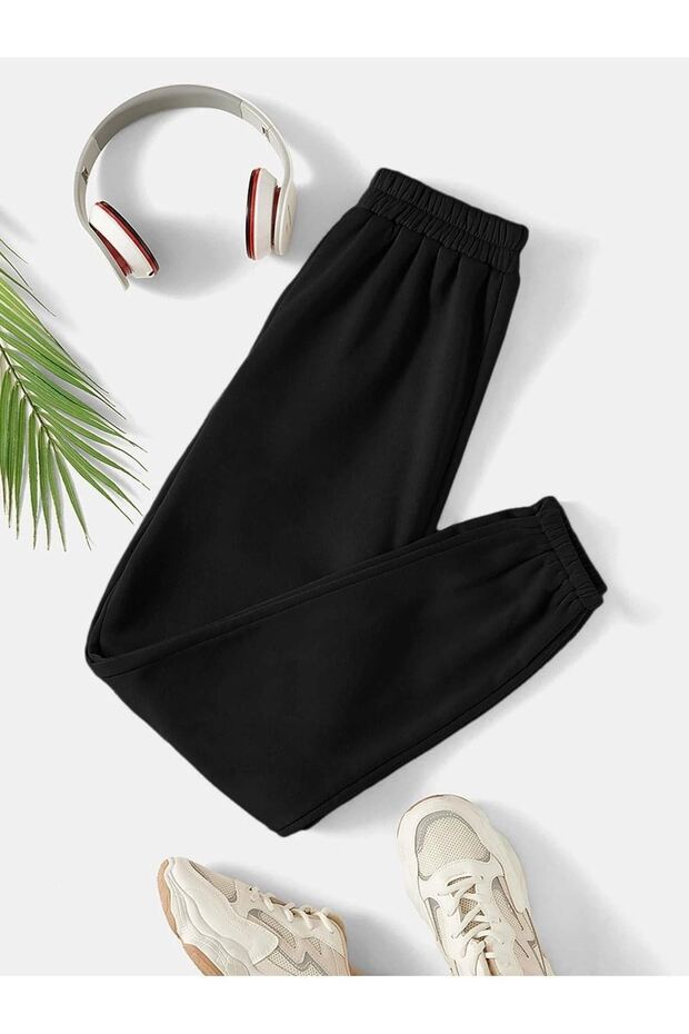Basic Düz Eşofman Altı Jogger - Siyah Lastik Paça Yüksek Bel - 3