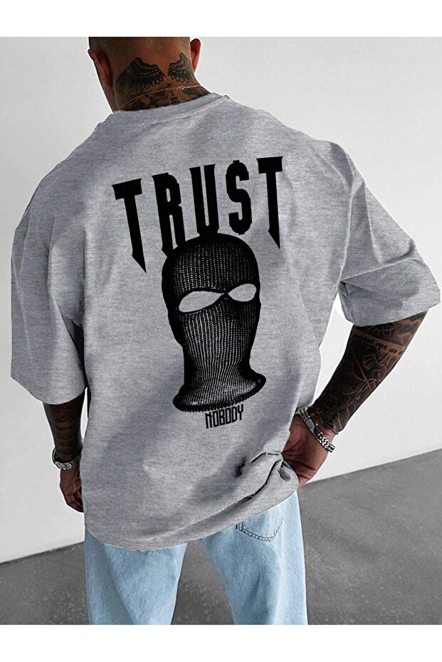 Trust Mast Single Jersey T-Shirt - Gray Printed Oversize Crew Neck Short Sleeve T-Shirt